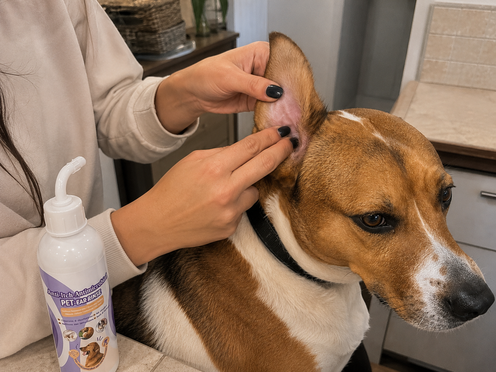 Owner gently massaging the base of a dog’s ear