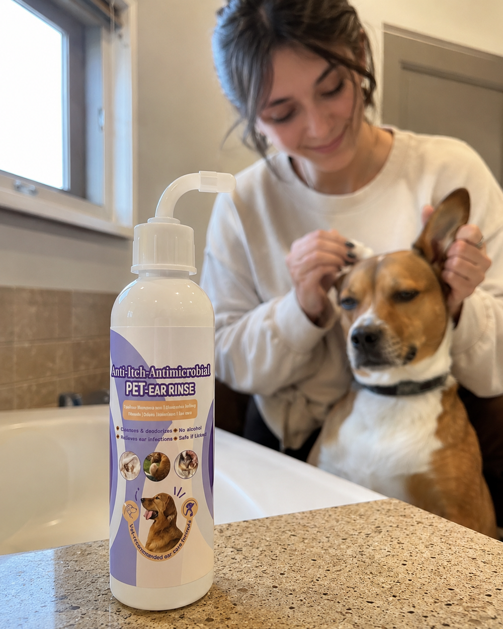Ear rinse bottle in focus while an owner cleans a calm dog’s ear