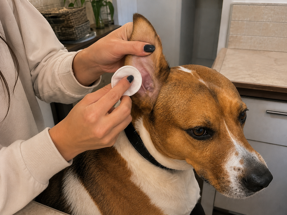Owner wiping the visible outer part of a dog’s ear