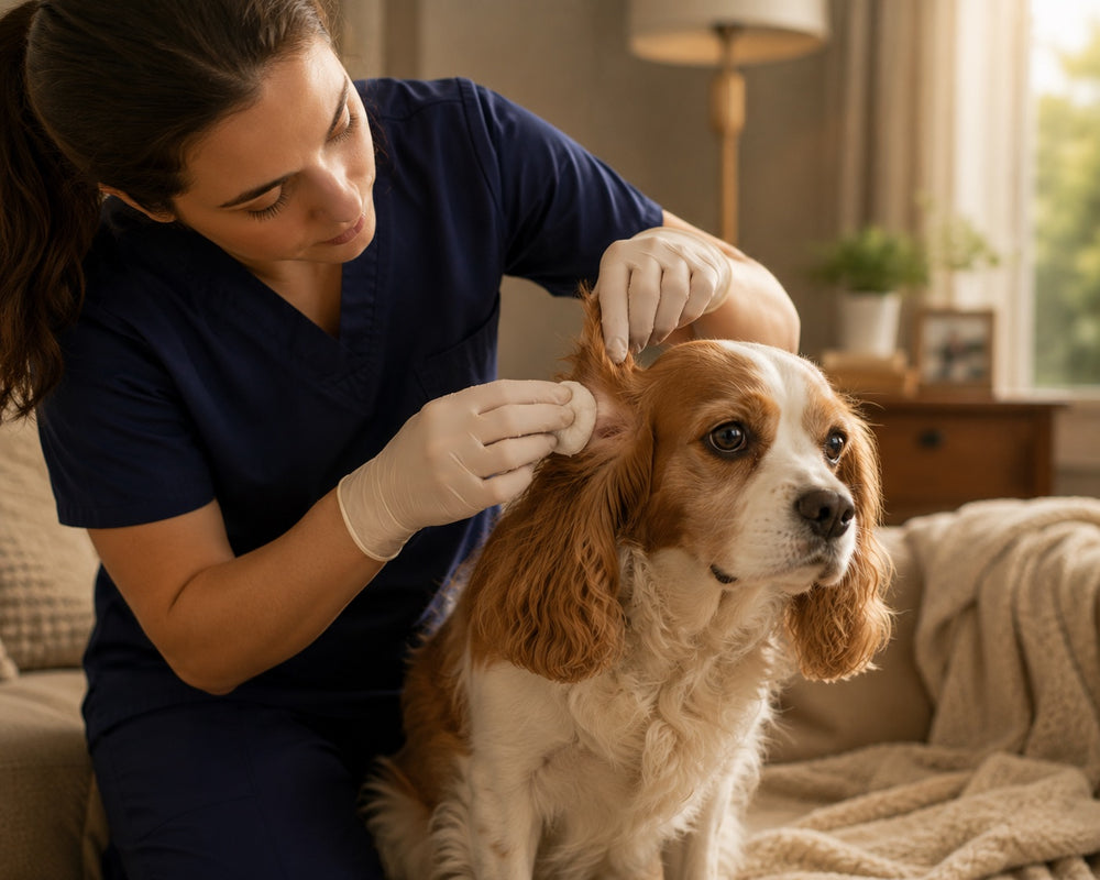 vet tech gently cleaning a spaniel's ears at home