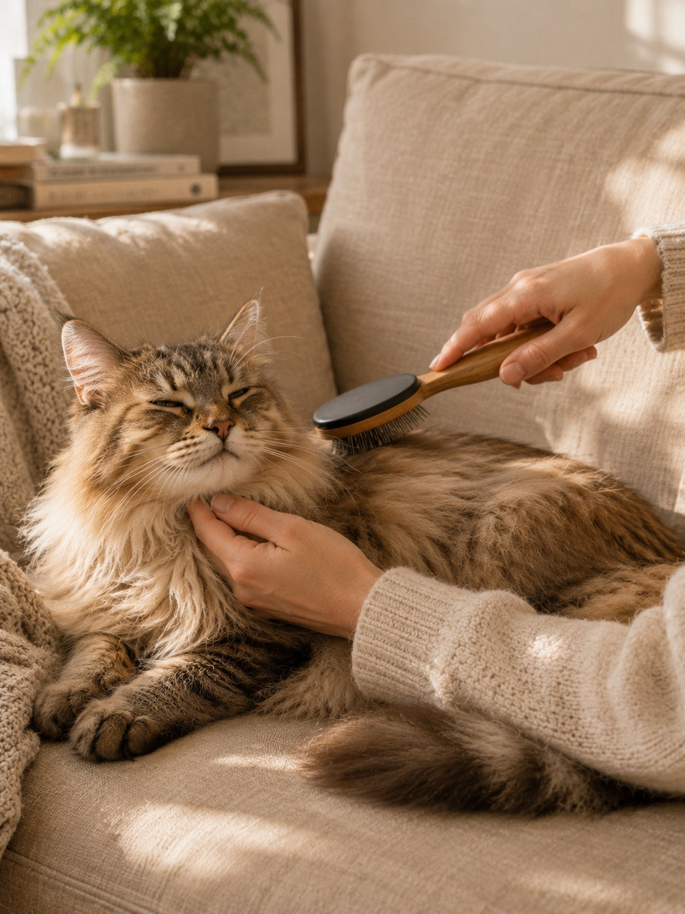 long-haired cat enjoying a gentle brush on the sofa