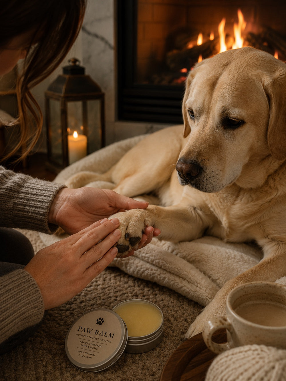 hooman working paw balm into a labrador's paw by the fire