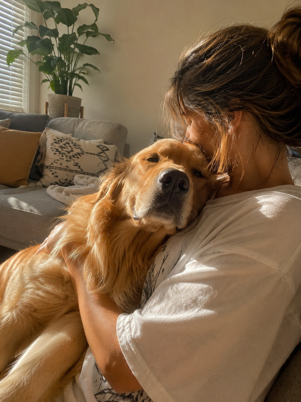 Golden retriever leaning into its hooman on a sunlit sofa