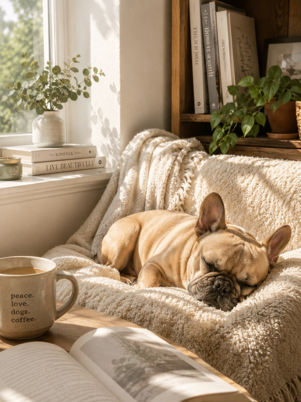 french bulldog asleep in a sunlit reading nook