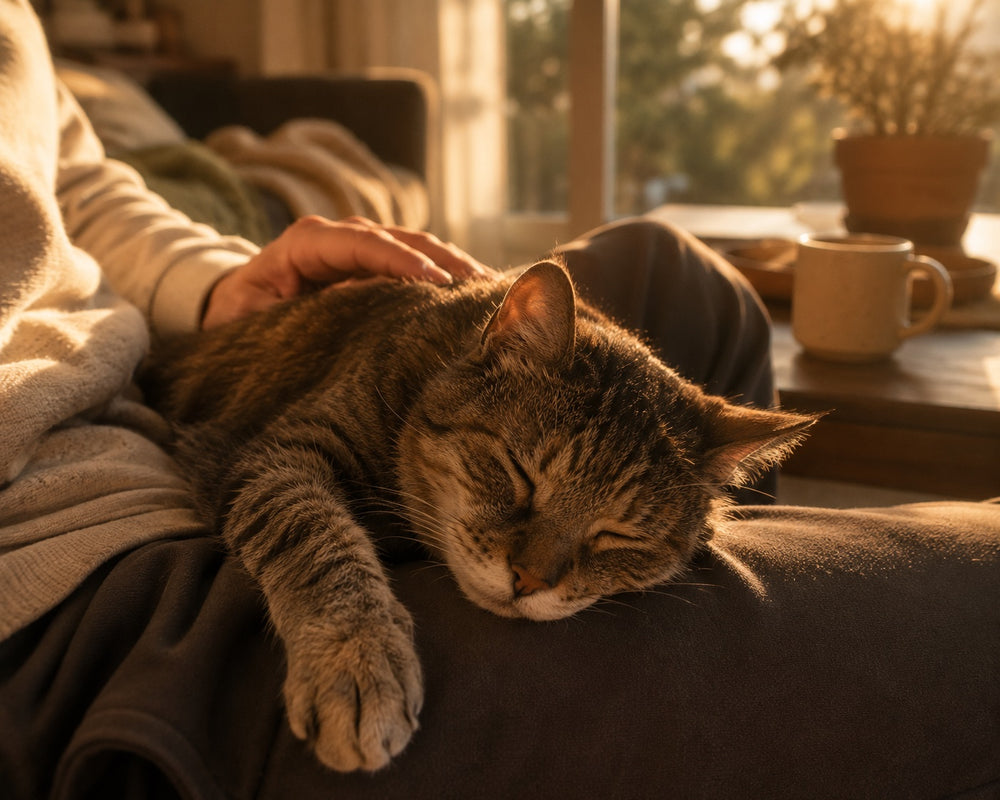 Tabby cat asleep on its hooman's lap at golden hour