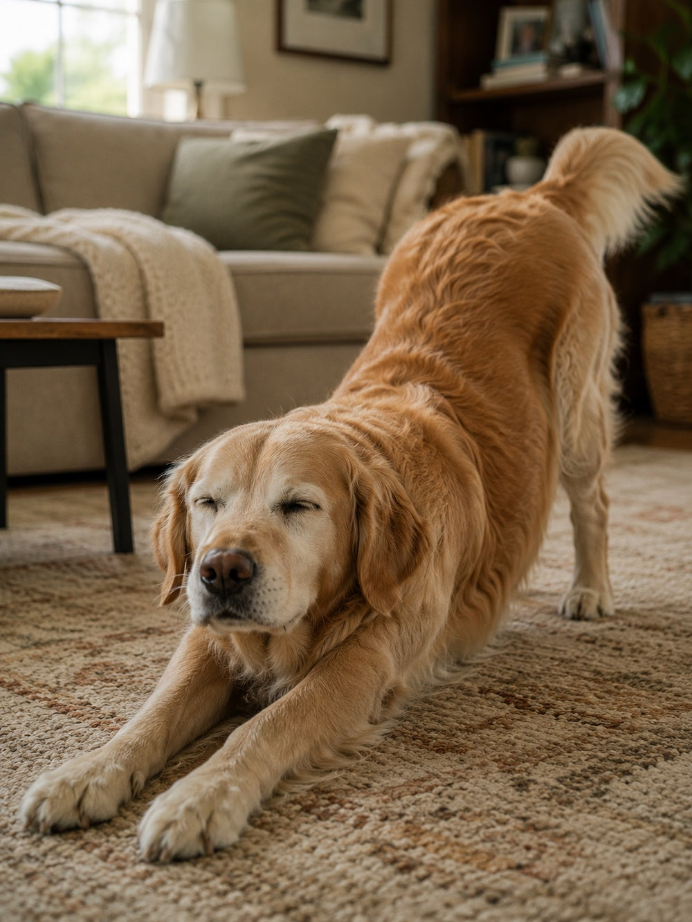 golden retriever in a deep morning stretch on the living-room rug