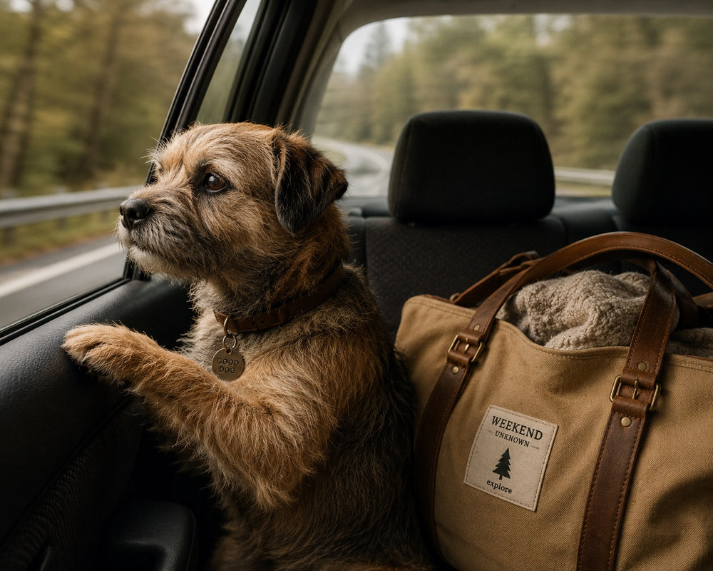 terrier riding shotgun beside a packed weekend bag