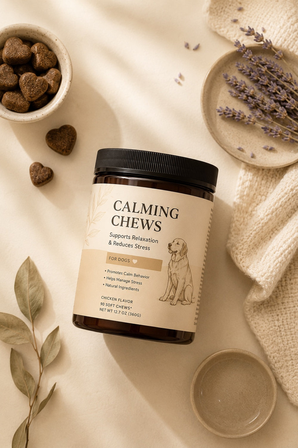 calming chews jar flat-lay on warm cream backdrop