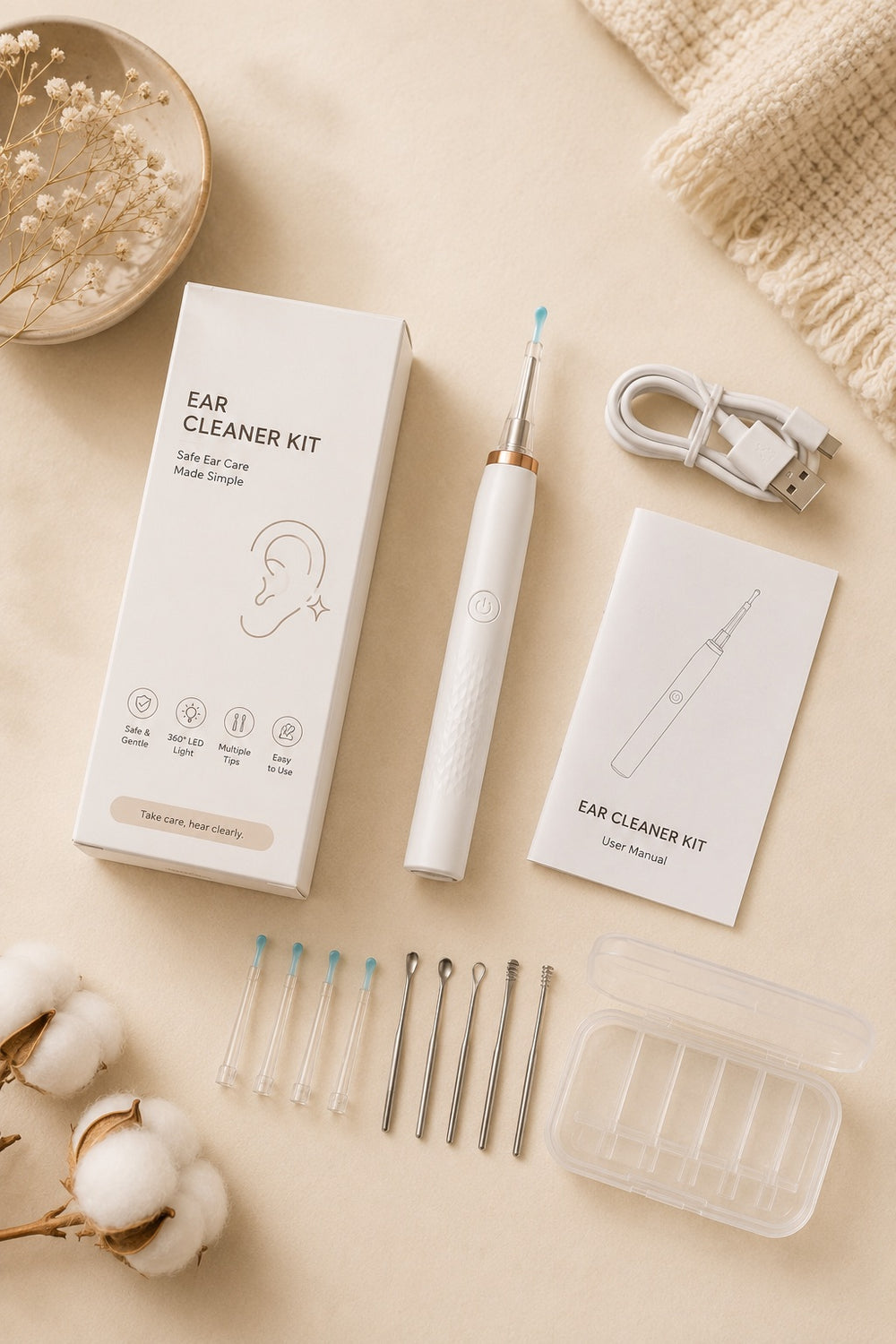 ear cleaner kit flat-lay on warm cream backdrop