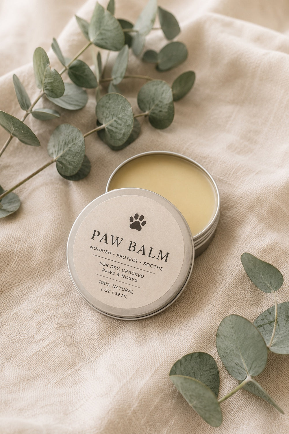 paw balm tin styled with eucalyptus on soft linen