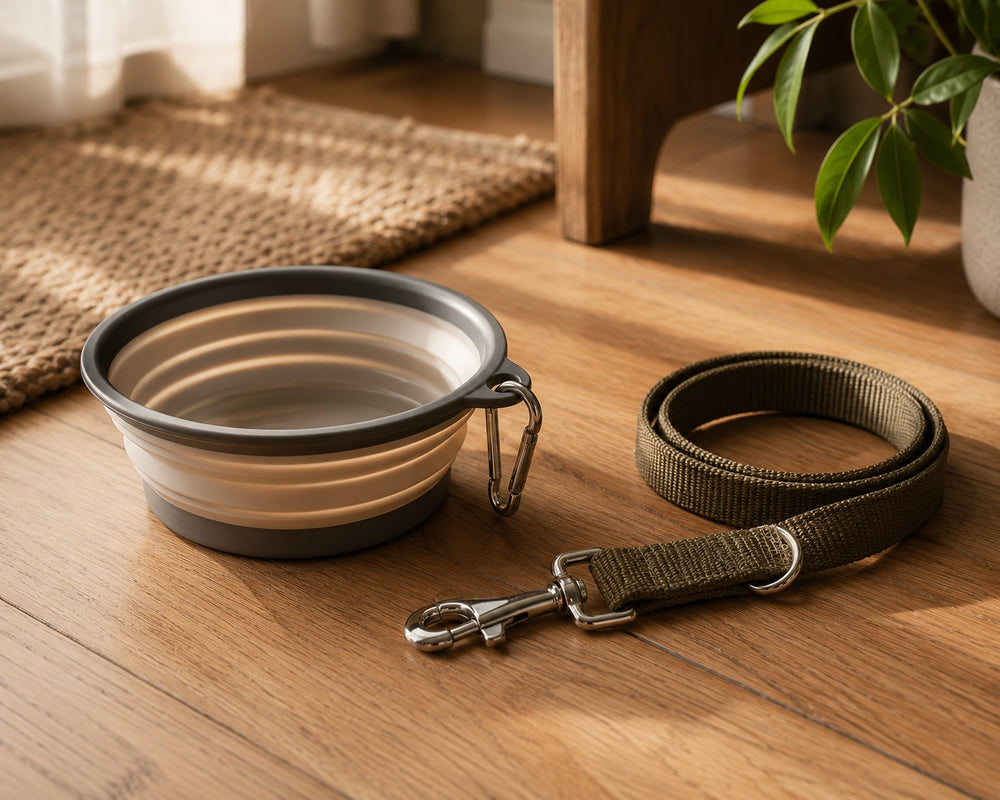 collapsible travel bowl beside a leash on oak floor