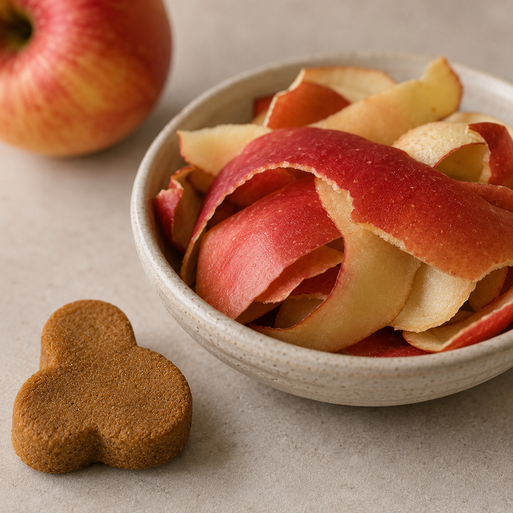 Apple skins beside a skin support chew
