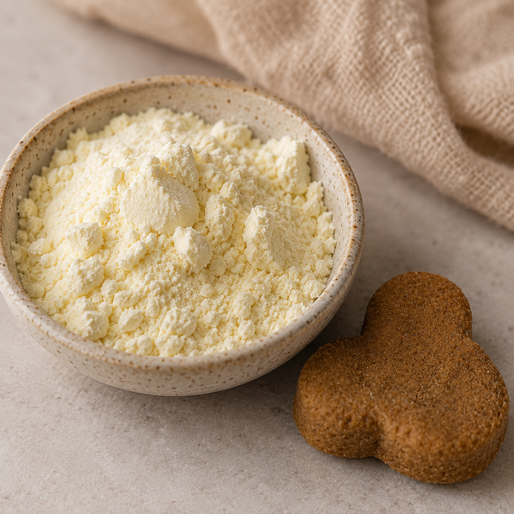 Colostrum powder beside a skin support chew