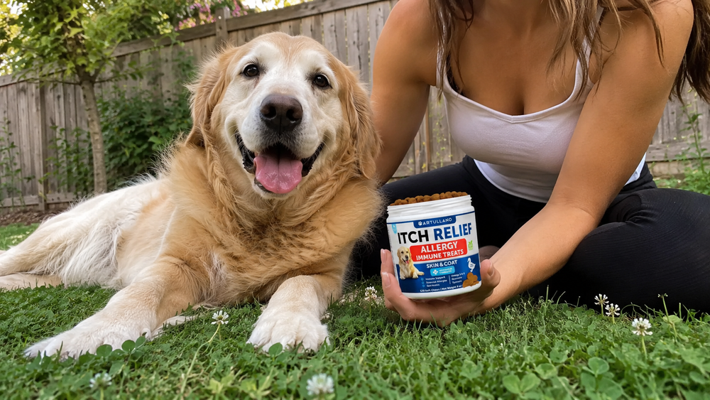 Happy dog resting in the grass beside its owner and skin support chews