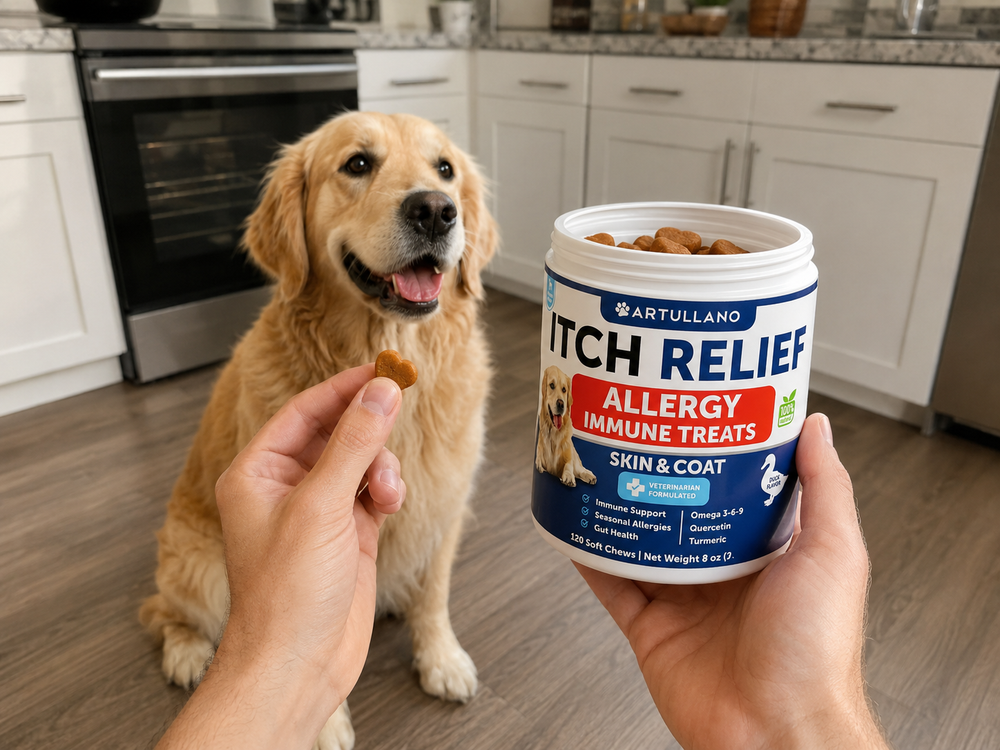 Owner holding an ItchEase chew and open jar in front of a waiting dog