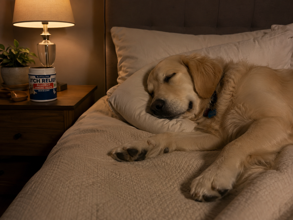 Dog sleeping comfortably with its paws relaxed and chews nearby