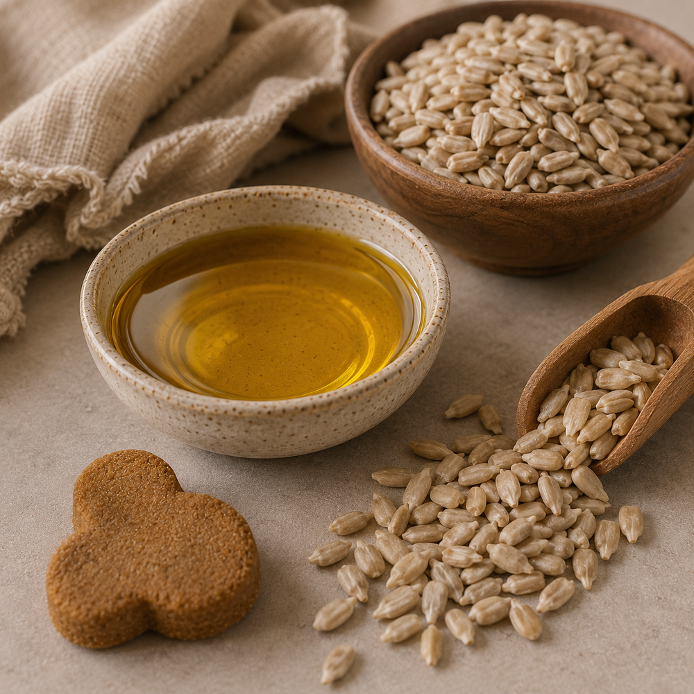 Oil and seeds displayed beside a skin support chew