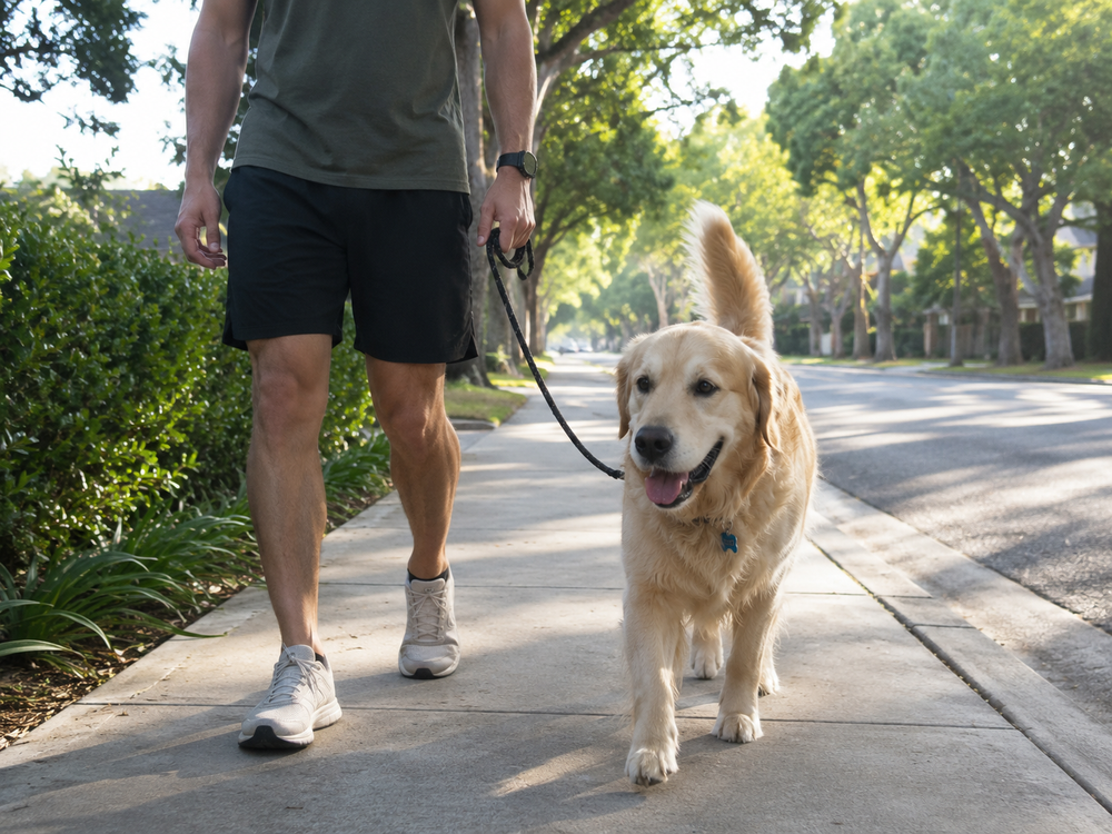 Dog walking comfortably beside its owner