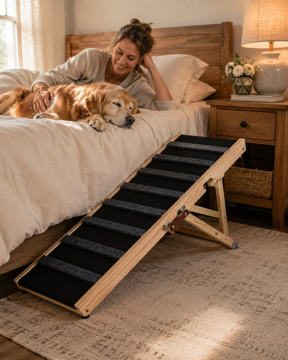 TrailStep positioned securely beside a bed with dog and owner together