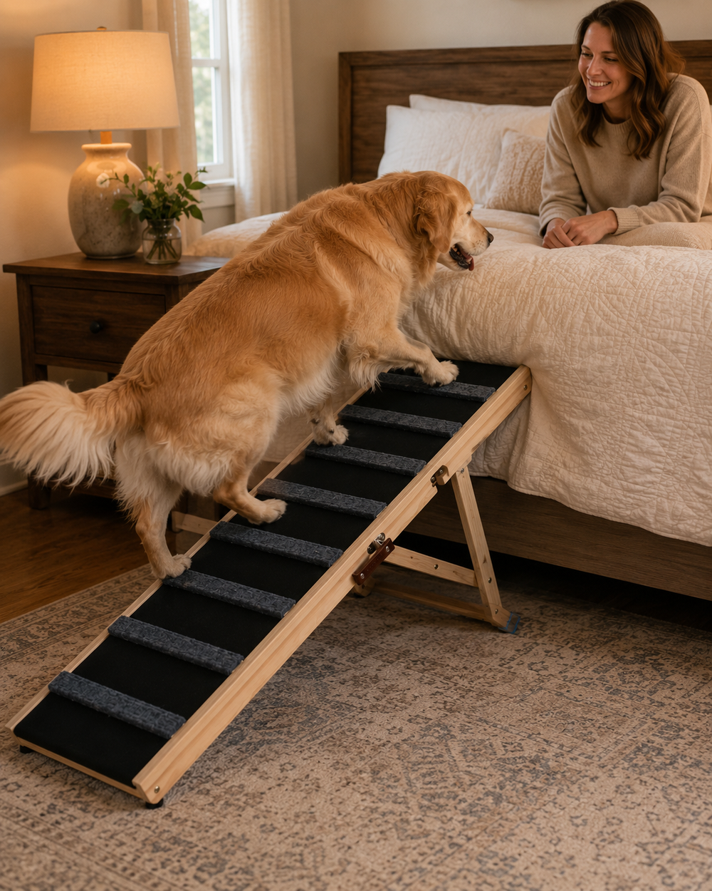 Golden Retriever climbing TrailStep to join its owner on the bed