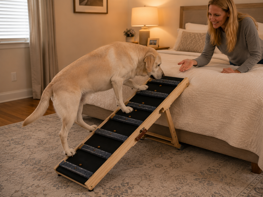 Older Golden Retriever learning to walk up TrailStep to the bed