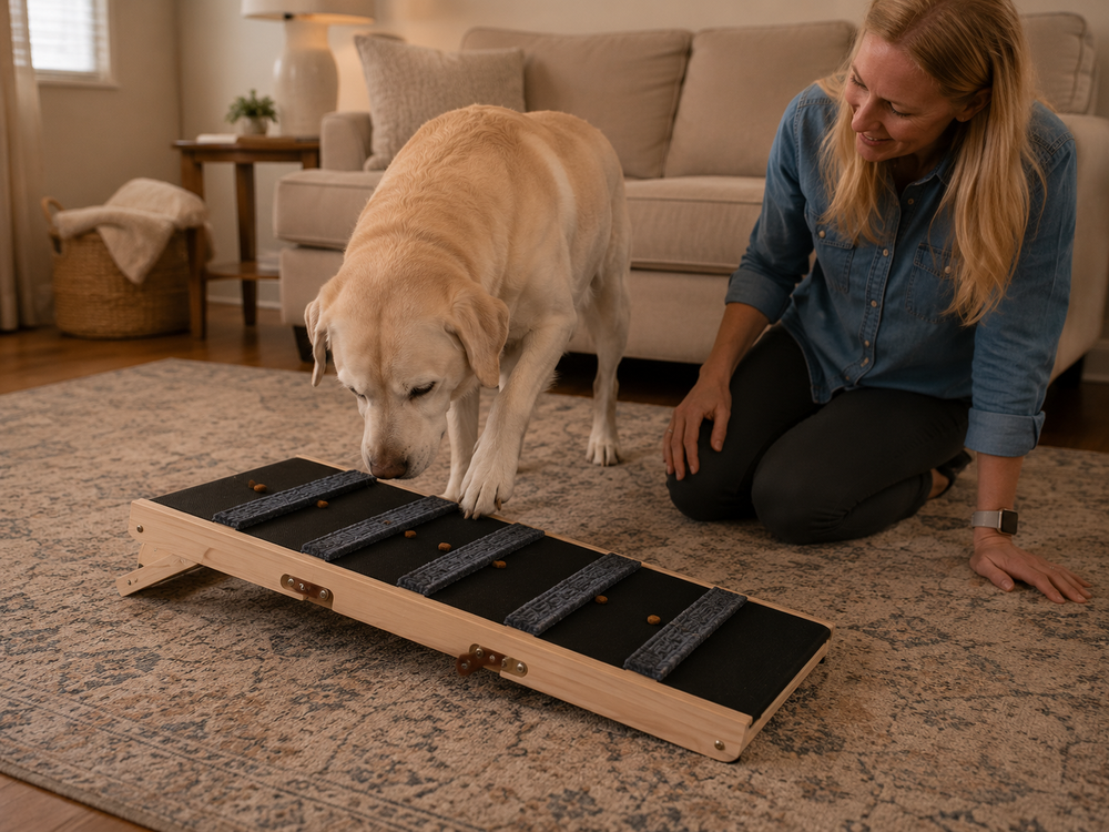 Older Labrador learning TrailStep flat on the floor with treats