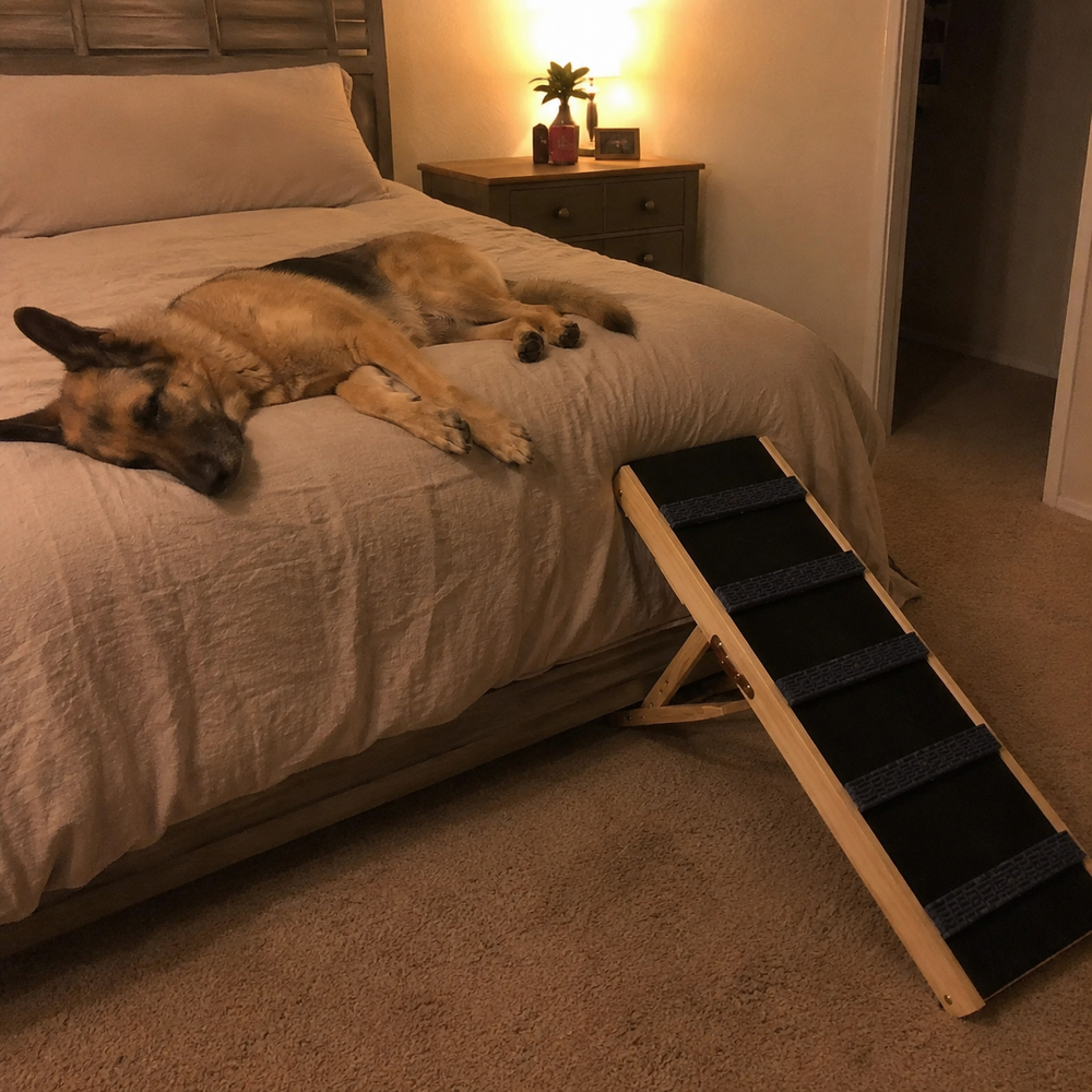 German Shepherd asleep on the bed with TrailStep beside it