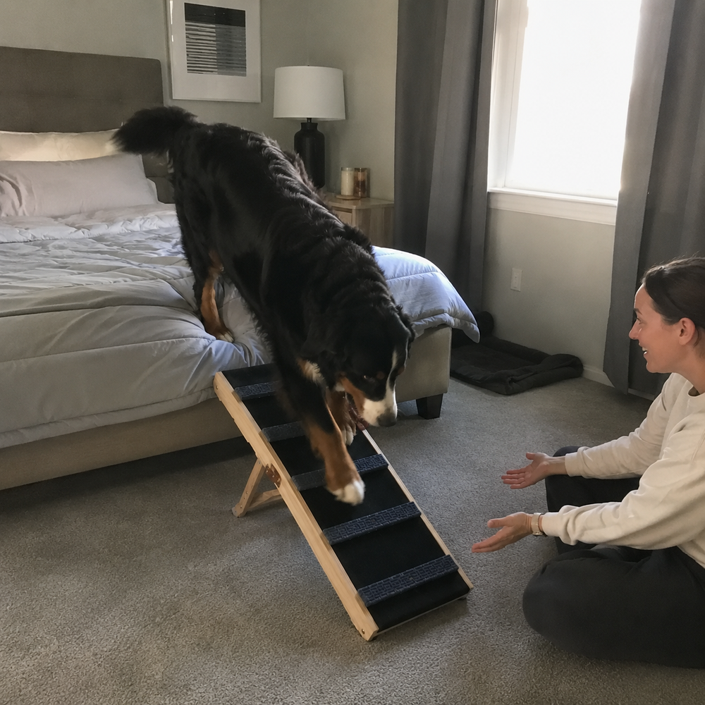 Large Bernese Mountain Dog walking down TrailStep from the bed