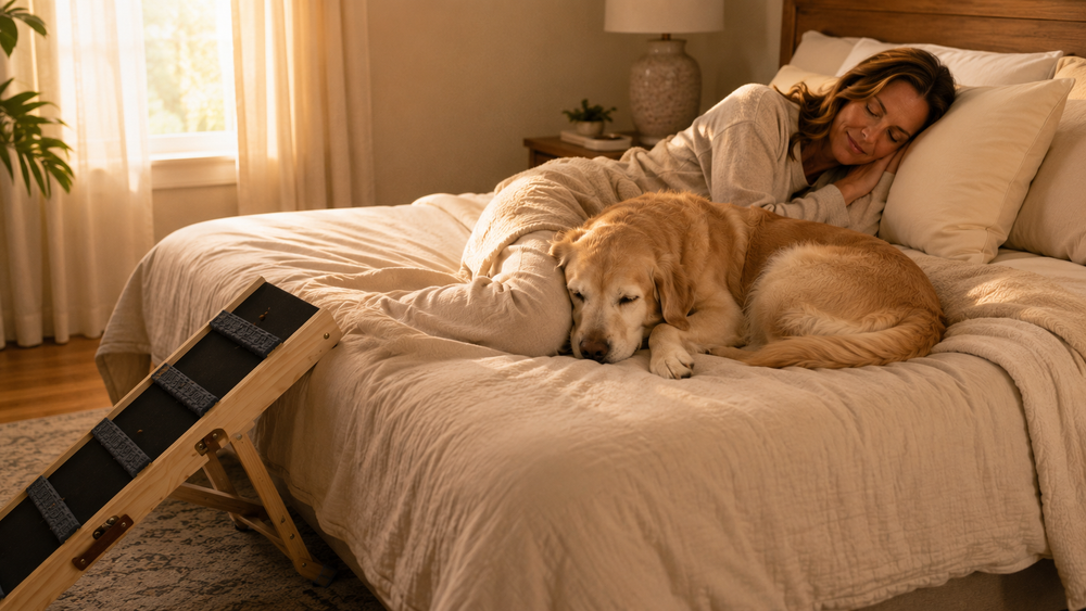Golden Retriever sleeping peacefully beside its owner with TrailStep at the bed