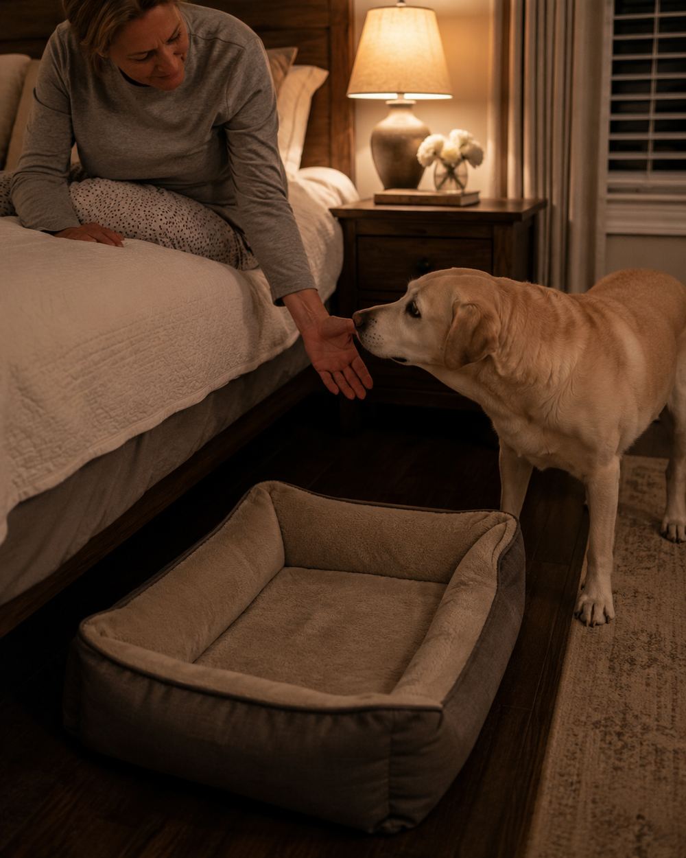 Older Labrador waiting beside its owner's bed at night